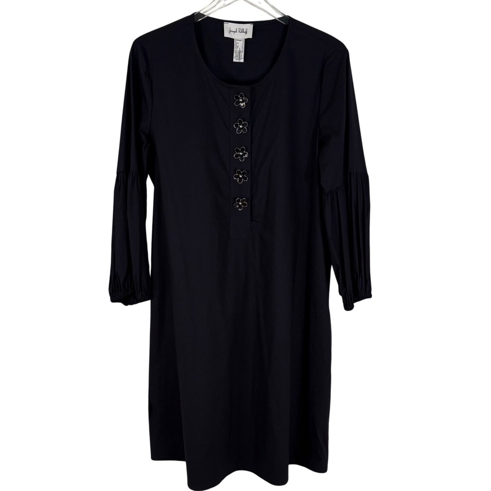 Joseph Ribkoff Navy Blue Shift Dress Flower Button Puff Sleeve size 14